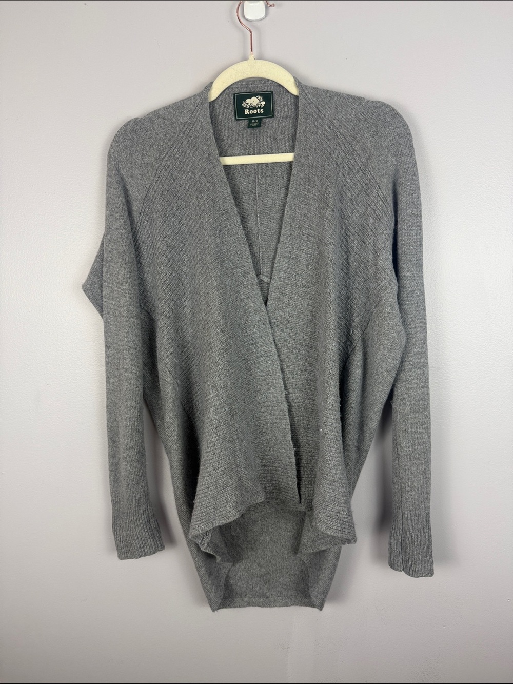 Roots Heather Grey Lambs Wool Cashmere Blend Cocoon Draped Cardigan Sweater Med - Picture 2 of 11
